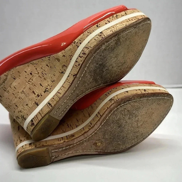 Prada Heels Peep Toe Wedges Espadrilles Cork Pump Shoes Coral Pink Size 38 US 8 - Picture 8 of 11
